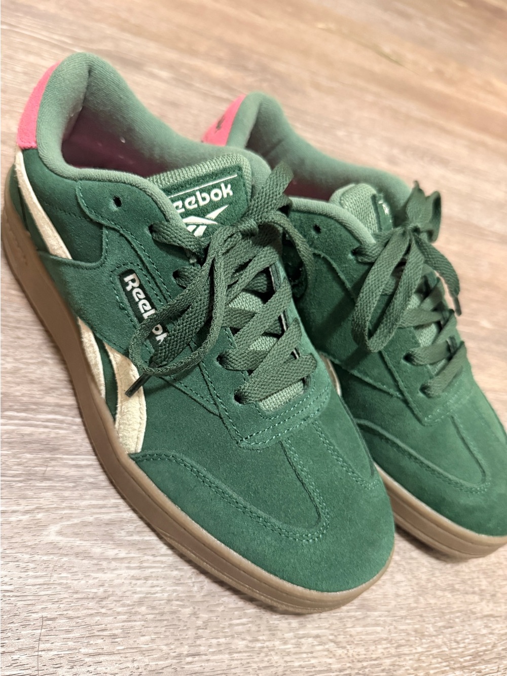 Reebok Green Suede Sneakers with Pink Heel Accent